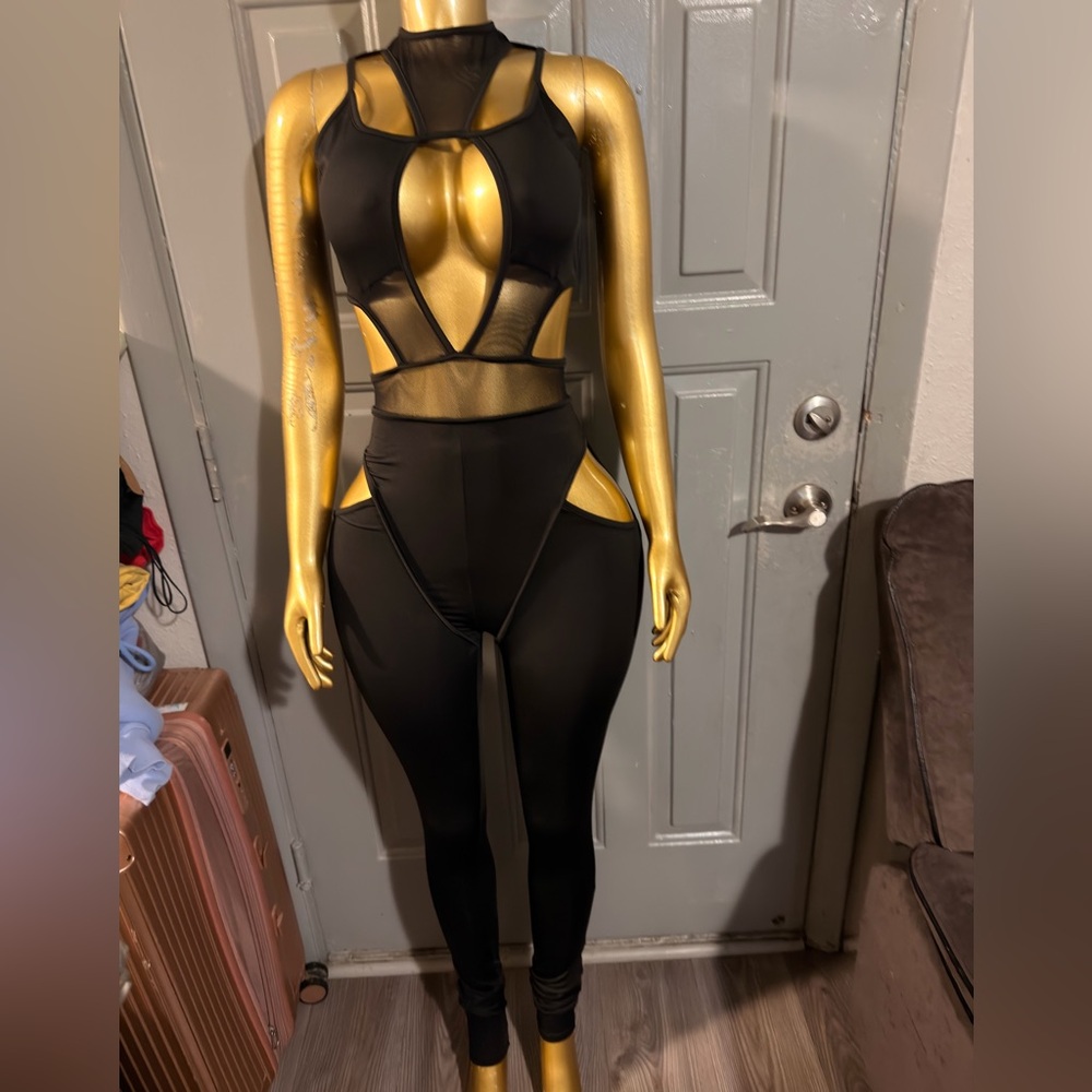 Black Mesh Cutout Jumpsuit with Gold Accents